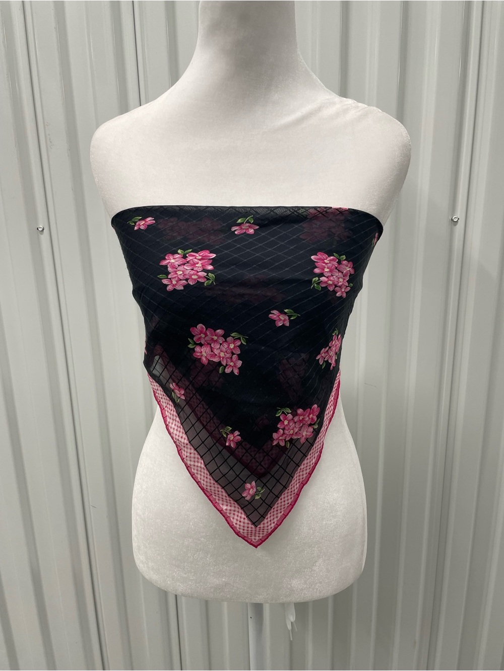 Vintage Silk Black Pink Floral Gingham Scarf Top Bandana Whimsigoth Coquette Y2K